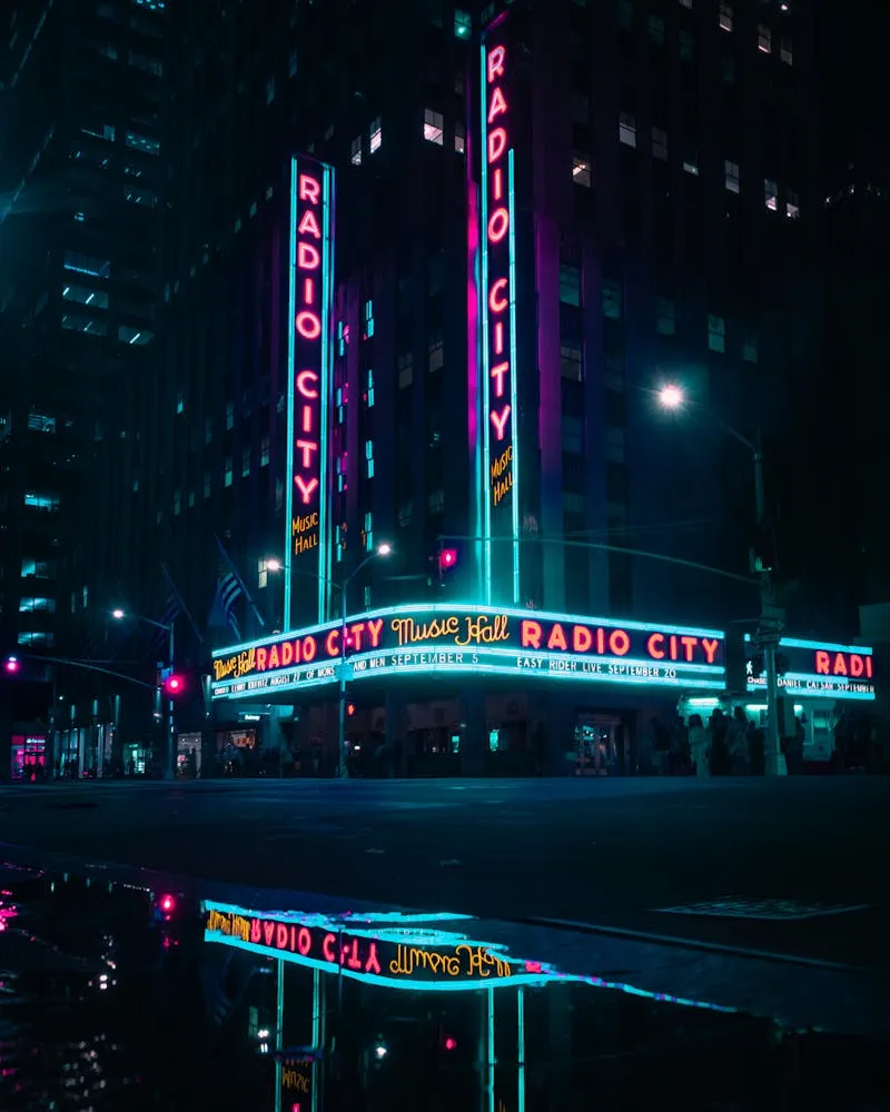 Neon cyberpunk city alley at night with reflections on wet pavement