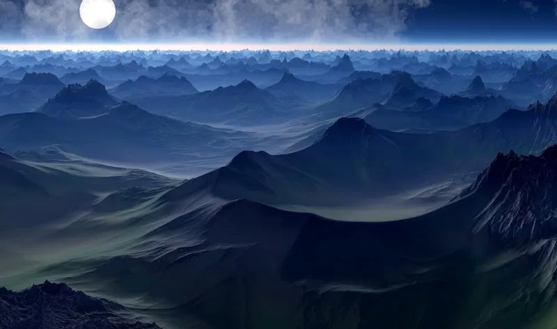 Epic fantasy landscape — bioluminescent mushrooms, floating castle, dual moons
